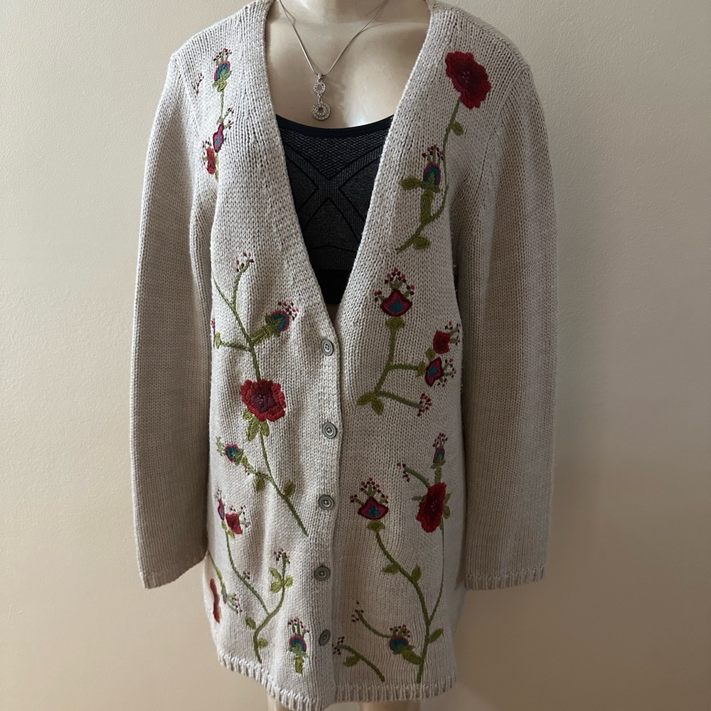 J.Jill Floral Embroidered Women's Wool Blend Cream- Cardigan Size L.